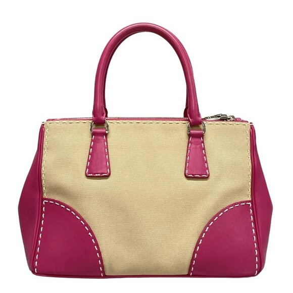 Auth PRADA Canapa City B1801K Beige Pink Leather Canvas Tote Bag - Picture 3 of 16